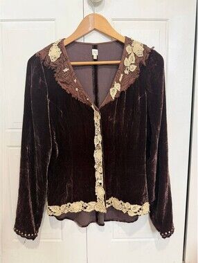 Future Paradise Velvet Lace Top Brown Silk Blend Boho Y2K Size 8